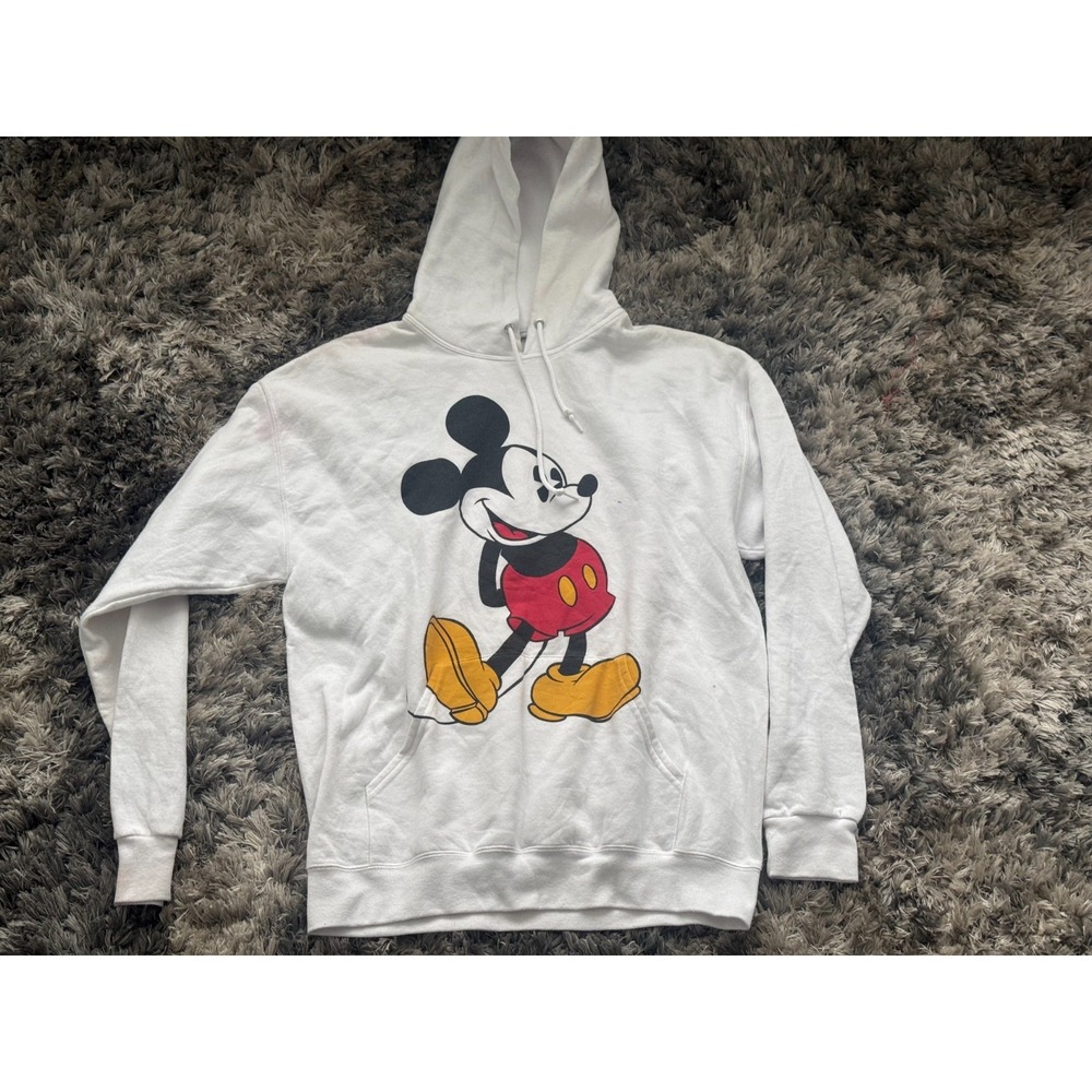 Size S Vintage Y2K Disney Mens White Mickey Mouse Print Long Sleeve Hoodie‎